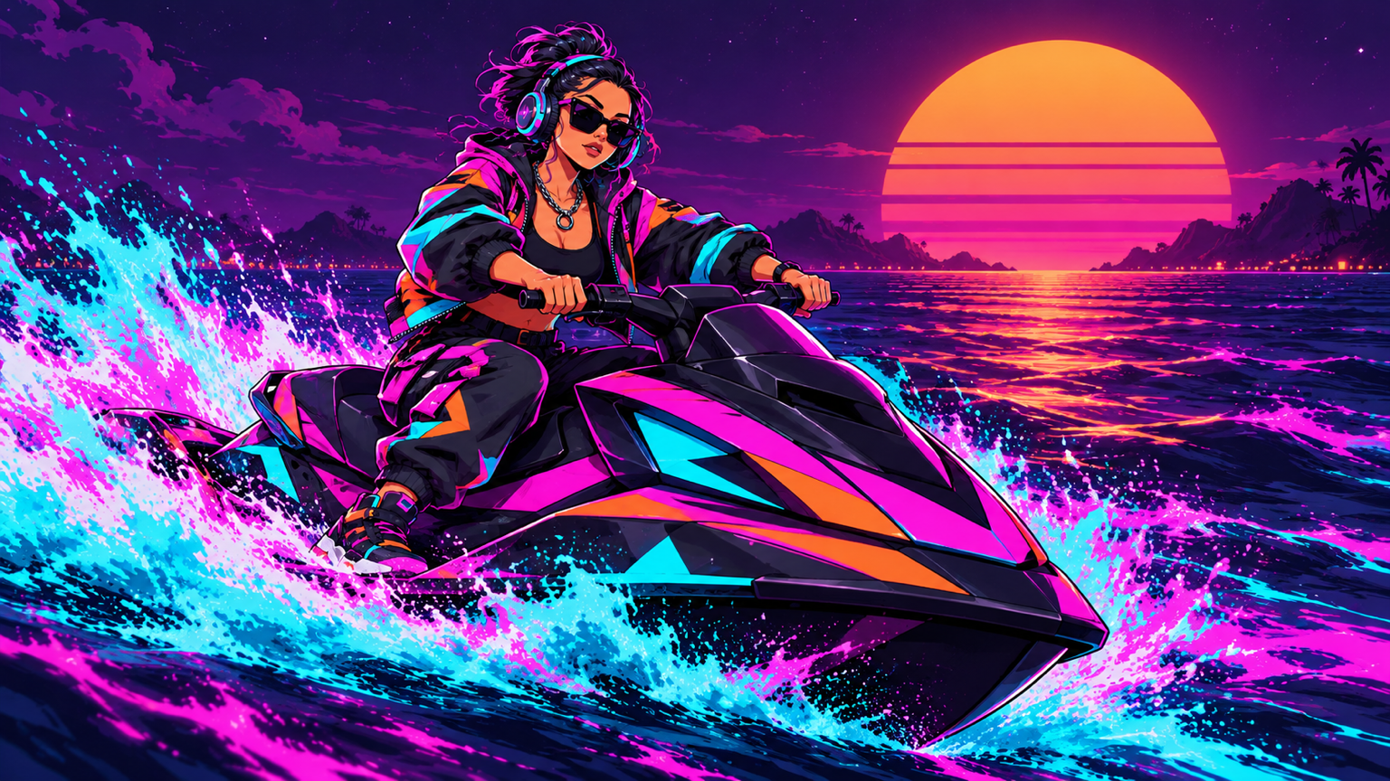 La DJ en jet ski sur une mer synthwave
